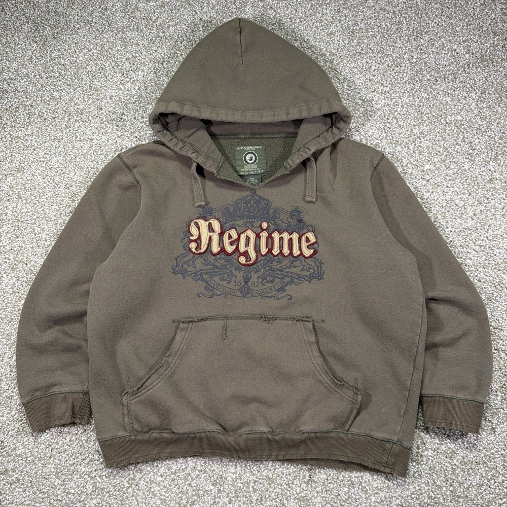 Y2K Regime A.P Co Grunge Pullover Hoodie Sz L Essentials Distressed Olive Green
